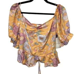 NWT Floral Puff Sleeve Peplum Top with Ruched Back and Adjustable Crop Tie - XL